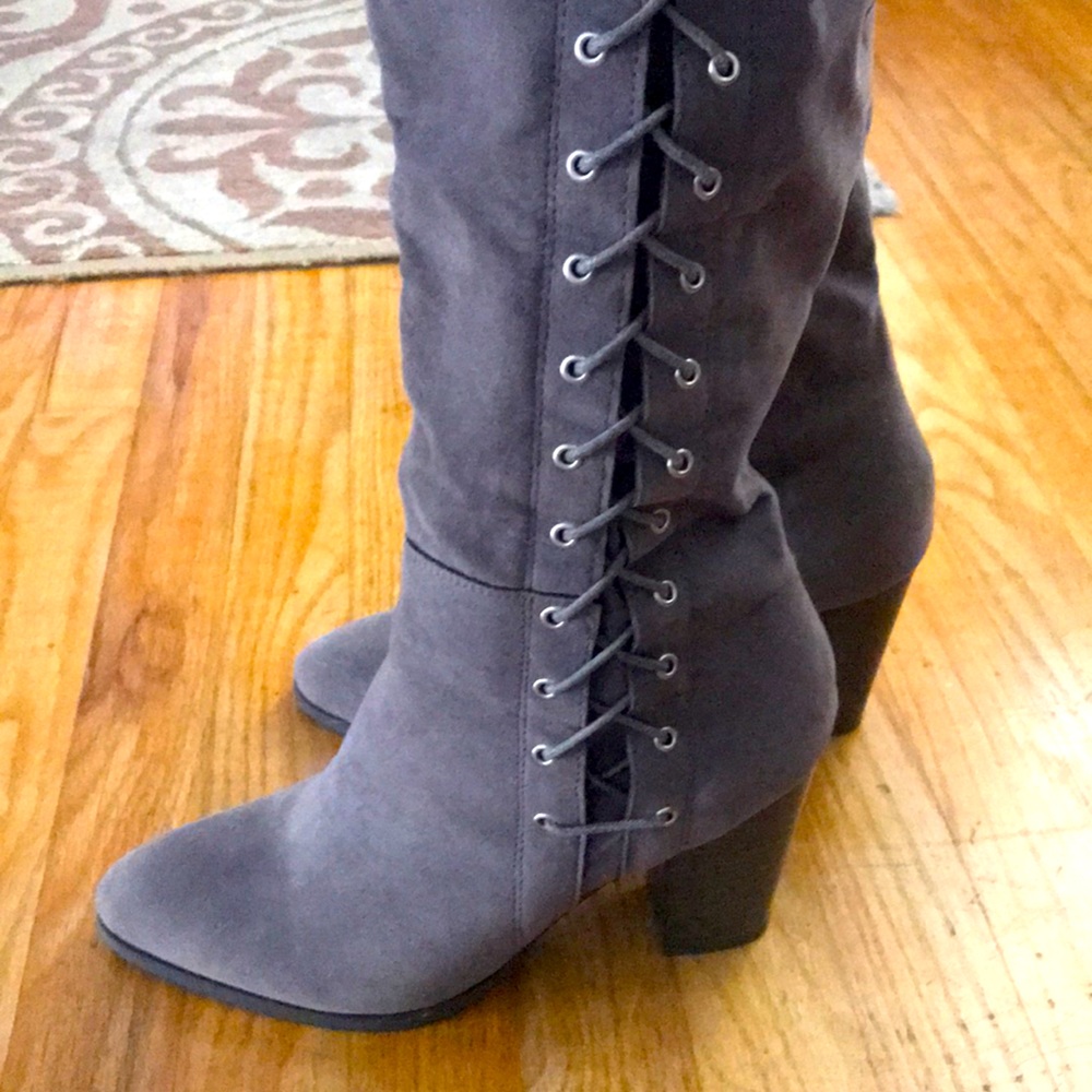 Gray knee high boots